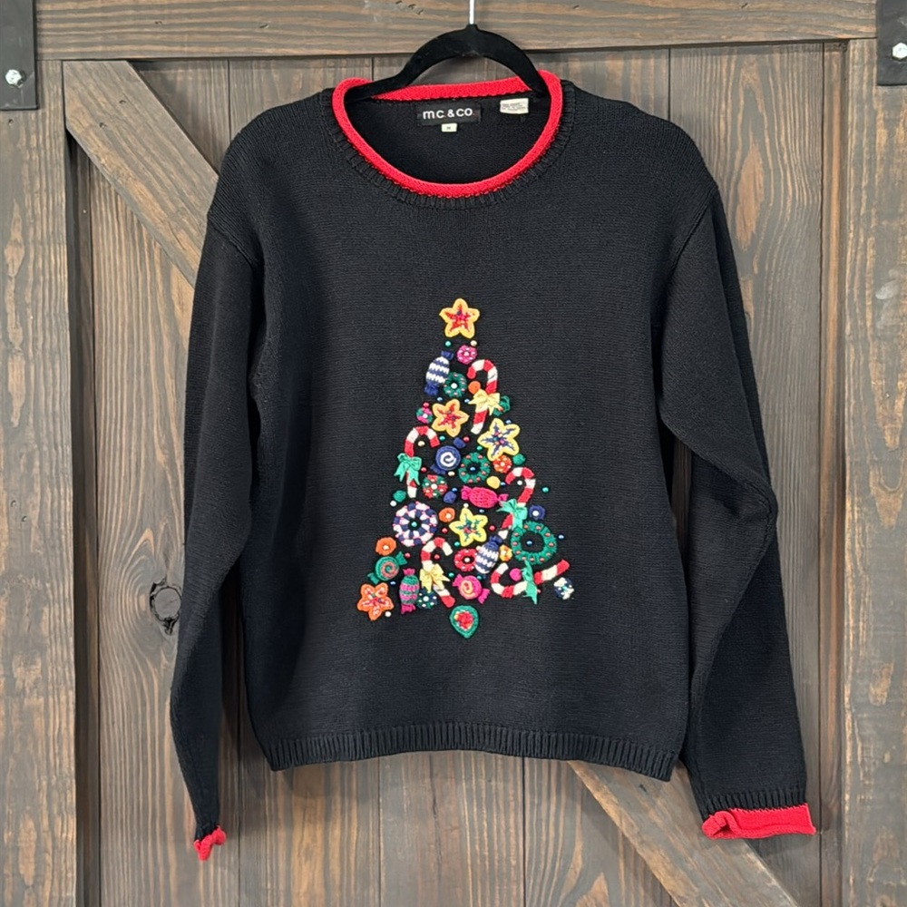 m.c. & Co Women’s Christmas Tree 3D Sweater Black Red Trim Size Medium Pullover‎